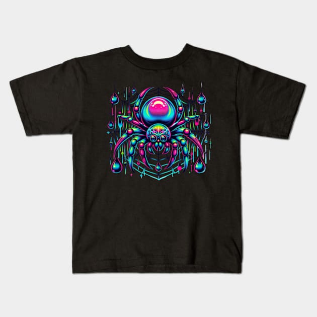 Spider Neon Vaporwave Retro Colorful Spooky Insect Kids T-Shirt by Lavender Celeste